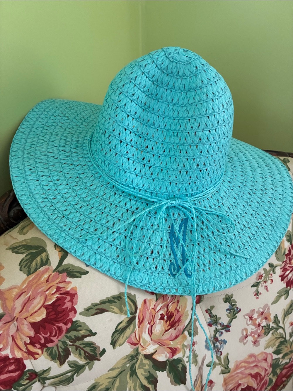 Turquoise Straw Sun Hat with Tie - Picture 3 of 3